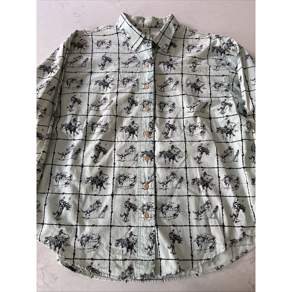 Vtg Barn Fly Button Up Shirt AOP Barbed Wire Cowboy Ranch USA Womens XL Horse